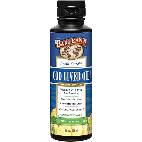 Barlean's Fresh Catch Cod Liver Oil with Lemonade Flavor and EPA, DHA and Vitamin D - Non-GMO, Gluten-Free - 8-Ounce