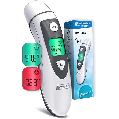 iProven Thermometer for Adults Forehead and Ear - Fever Alarm, 1 Second Reading, Color Temperature Indicator, 20 Readings Memory Recall, Medical Thermometer for Adults Kids and Babies - DMT-489