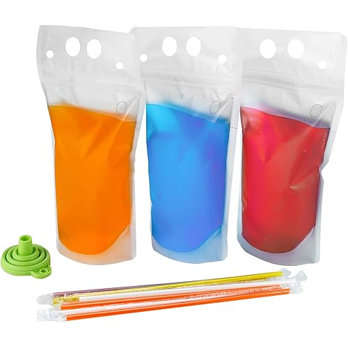 C CRYSTAL LEMON 100PCS Drink Pouches for Adult with Straw Smoothie Bags Juice Pouches with 100 Drink Straws, Heavy Duty Hand-Held Translucent Reclosable Ice Drink Pouches Bag