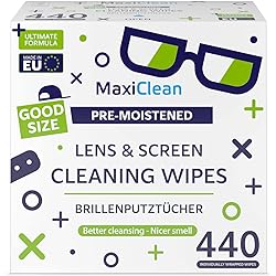 MAXI CLEAN Lens Wipes - 440 Pre-moistened Eyeglass Cleaning Wipes - Cleaner for Glasses, Laptops Screens, Binoculars, Optical Lens, Watch Screens, Made in Europe