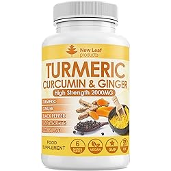 Turmeric Curcumin with Black Pepper & Ginger 2000mg Extract Active 95% Curcumin 6 Month Value Supply High Strength - Curcumin Turmeric Supplements , Vegan, GMP, GMO Free Gluten Free, New Leaf