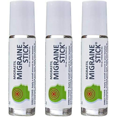 Migrastil Migraine Stick ® 3-Pack from Basic Vigor. Natural Migraine Relief Roll-on. Also Good for Tension Headaches. Made in the USA. With Peppermint, Spearmint and Lavender Essential Oils