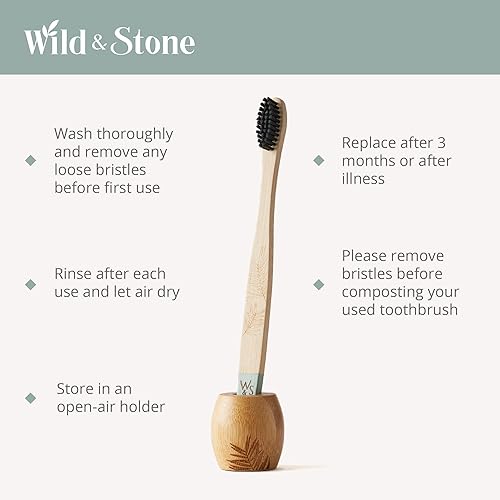Wild & Stone | Medium Bristle Organic Bamboo Toothbrush | Four Handle Patterns | Medium Fibre Bristles | 100% Biodegradable Handle | Vegan Eco Friendly Bamboo Toothbrushes Bamboo Green