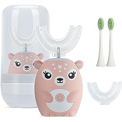 Kids Toothbrush Electric, U Shaped Ultrasonic Automatic Toothbrush with 4 Brush Heads, Six Cleaning Modes, Cartoon Modeling Design for Kids, Special for Birthday Gift 7-14age, Pink