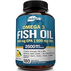 NutriFlair Omega 3 Fish Oil Supplement - Lemon Flavor, No Fishy Burps - Triple Strength EPA DHA, Easy to Swallow - Joint, Heart and Brain Health Formula