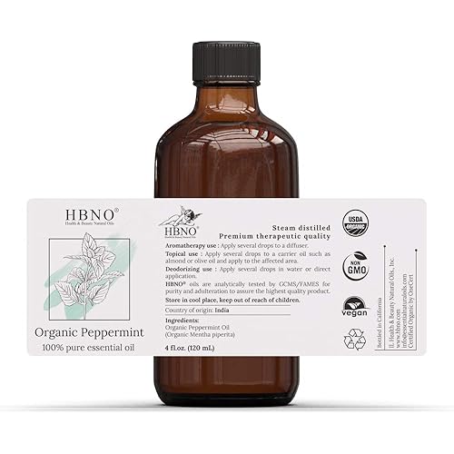 HBNO Organic Peppermint Essential Oil 4 oz 120ml - 100% Pure & USDA Certified, Peppermint Oil for Hair Growth, Body Skin, Lips - Organic Peppermint Oil Essential for Cooling & Numbing Sensation