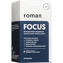 Roman Focus | Nootropic Dietary Supplement Supports Calm Energy and Concentration with Caffeine, L-Theanine, American Ginseng, and Bacopa Monnieri | 30-Day Supply 60 Tablets