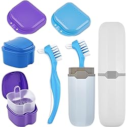 Jutieuo 8Pcs Denture Case Kit, 2 Denture Bath Case Cups, 2 Dual-Headed Denture Toothbrushes, 2 Portable Brush Boxes, 2 Retainer Holder Boxes, Dentures Holder for Travel Retainer Cleaning Blue