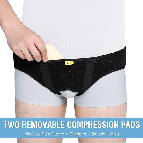 Hernia Belt for Men Hernia Support Truss for SingleDouble Inguinal or Sports Hernia, Adjustable Waist Strap with 2 Removable Compression Pads Breathable Material