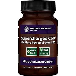 Global Healing Supercharged C60 - Micro-Activated Carbon Fullerene w Organic MCT Powder, 10x More Powerful Than Regular C60 Supplements - Helps Detoxification & Harmful Effects of Aging - 30 Capsules