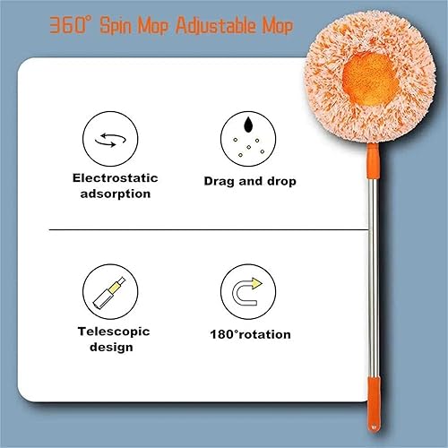 360° Rotatable Adjustable Cleaning Mop, Spin Mop with 2 Coral Velvet Mop Head for Household Floor Cleaning Wall Cleaning Mops