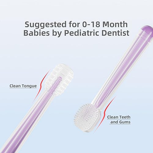 Baby Toothbrush, Infant to Toddler Toothbrush, Kids First Toothbrush Set1 Toothbrush 1 Tongue Brush, Soft Silicone Massaging Toothbrush for Sensitive Gums, 3 m, Purple