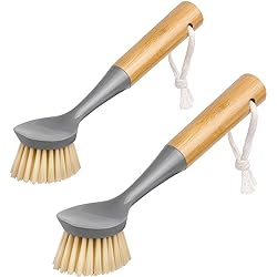 MR.SIGA Dish Brush with Bamboo Handle Built-in Scraper, Scrub Brush for Pans, Pots, Kitchen Sink Cleaning, Pack of 2