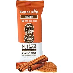 Super Pop Snacks, Clean Plant Based Protein Bars, ​All-Natural Peanut Butter Bars with Organic Whole Foods, ​Low Sugar, Delicious, Gluten Free, Soy Free and Dairy Free, 10g Protein, Churro 12 pack