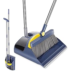Broom and Dustpan Set for Home, Long Handle Broom with 180°Rotating Head Upright Large Dustpan with Comb Teeth, Easy Storage Floor Broom and Dustpan Combo for Home Kitchen Office Lobby