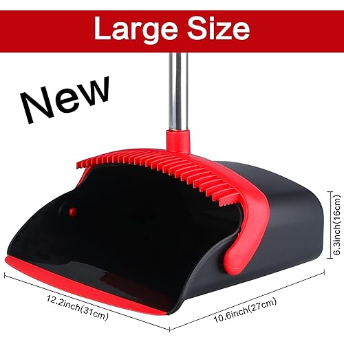 Large Broom and Dustpan, Broom and Dustpan Set, Heavy Duty Dust Pan with 55" Long Handle Upright Dustpan Broom Set, Broom for Indoor Outdoor Garage Kitchen Room Office Lobby Use Black and Red