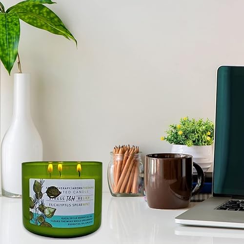 Stress Relief Aromatherapy Candles Eucalyptus Spearmint Scented Candle | 16 Oz Soy Candles for Home | Decorative Candles Long Lasting 3 Wick Candle