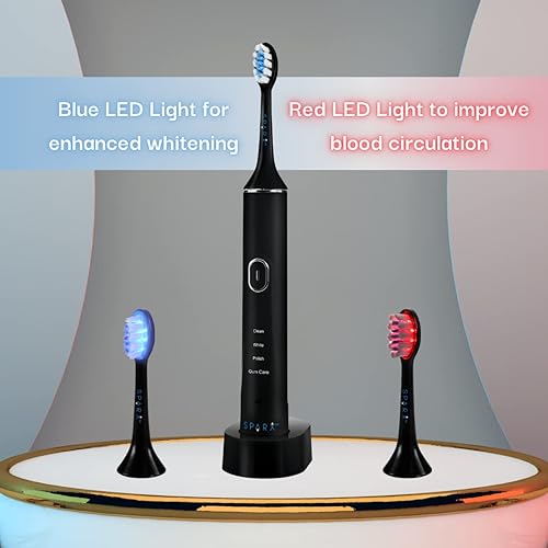 Sonic LED Whitening Toothbrush for Teeth Whitening & Gum Care | Rechargeable | Ultrasonic with 2 Blue-Lights LED Brush for Max Whitening Heads with RED LED for Gum Care