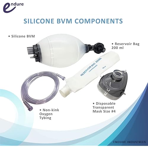 Endure Adult Latex-Free Silicone BVM, with Size 4 Mask, Reservoir Bag and Oxygen Tubing