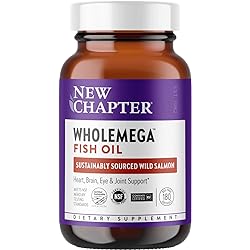 New Chapter Wholemega Fish Oil Supplement Softgels, Wild Alaskan Salmon Oil with Omega-3 Astaxanthin Sustainably Caught, 180 Count Packaging May Vary