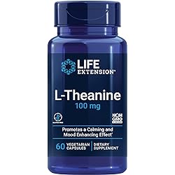 Life Extension L-Theanine, 100 mg, 60 Vegetarian Capsules — Supports a Calming & Mood Enhancing Effect, Amino Acid Derived From Tea - Gluten-Free, Non-GMO