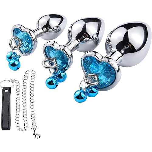 Metal Bell Anal Plug Heart Shape Crystal Butt Plug with Traction Chain Tame Games Anus Expander Toys Private Good for Couples Crystal Heart Buttplug Stainless Steel Leash Chain Anal Plug-Bule