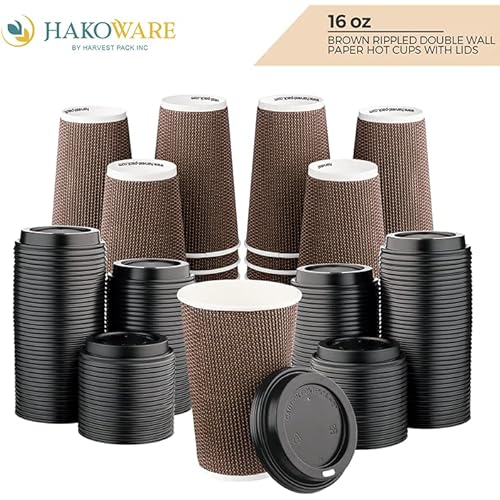 HARVEST PACK 16 oz Insulated Ripple Double-Walled Paper Cup with Lid, Brown Geometric, Coffee Tea Hot Chocolate Drinks To go [85 SETS]