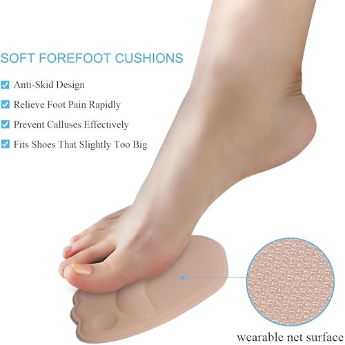 2 Pairs Metatarsal Pads for Women Forefoot, Non-Slip Ball of Foot Cushion Insert Used with High Heel, Running Shoes, Sandals to Pain Relief SkinBlack
