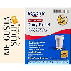 Equate Fast Acting Dairy Relief Lactase Enzyme Dietary Supplement Vanilla Flavor chewables Tablets 32 Count Pack of 01 Me Gustas Sticker