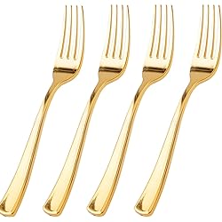 WDF 100 Piece Gold Plastic Forks - 7.4inch Gold Forks Disposable - Gold Plastic Silverware for Dessert Cake - Heavy Duty Plastic Cutlery for Party, Weddings or Daily Using