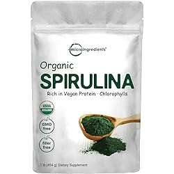 Micro Ingredients Organic Spirulina Powder, 16 Ounce, Raw Spirulina Arthrospira Platensis, The Richest Sources of 70% Vegan Protein, Containers Minerals, Vitamins, Non-GMO & Non-Irradiation