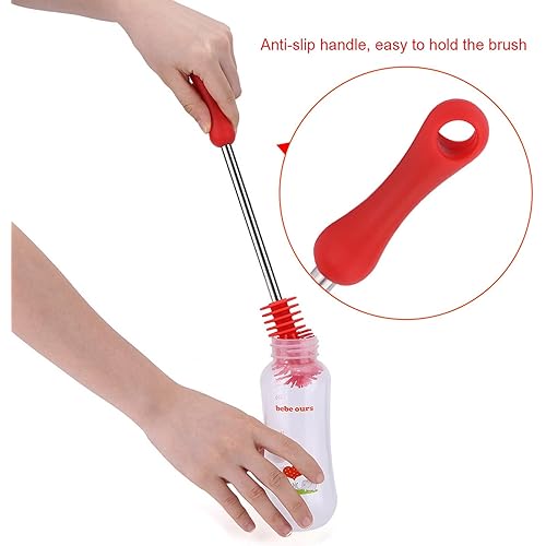 Bottle Cleaning Brus, Silicone Kitchen Cleaner Non Slip Handle for Hydro Flask Glassware Washing Cleaning, Red