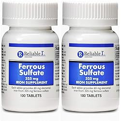 Ferrous Sulfate 325mg Iron Supplement by Reliable 1 | Iron Pills | | 100 Iron Tablets per Bottle, 2-Pack