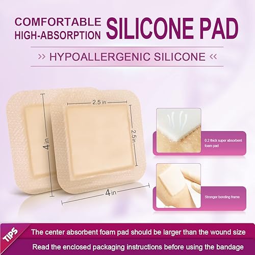 Silicone Foam Dressing with Gentle Adhesive Border 4'' x 4'' 10 Pack, High Absorbency Foam Wound Bandage for Bed Sore, Pressure Ulcer, Diabetic Foot Ulcer, Leg Ulcer