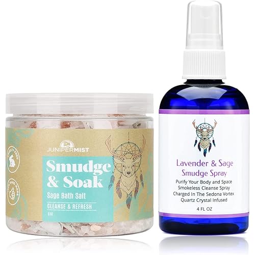 Sage Smudge Spray with Lavender for Cleansing and Clearing Energy 4 Ounce and JUNIPERMIST Smudge & Soak Sage Bath Salts - Pack of 1, 11oz 8 fl.oz
