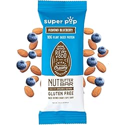 Super Pop Snacks, Clean Plant Based Protein Bars, All-Natural Almond Butter Bars with Organic Whole Foods, Meal Replacement, Delicious, Gluten Free, Low Carb, Dairy Free, 10g Protein, Almond Blueberry 12 Pack