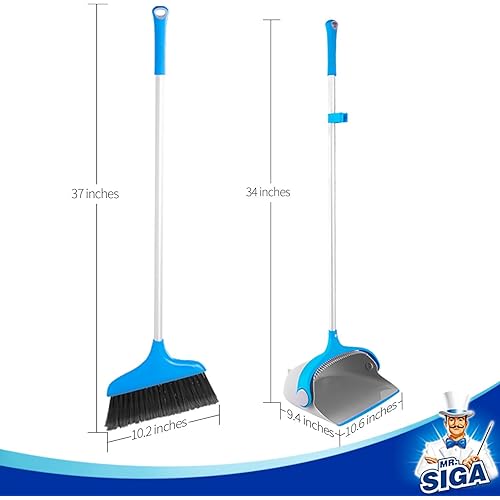MR.SIGA Upright Broom and Dustpan Set, Blue&Gray