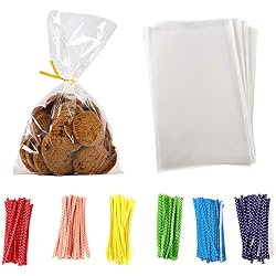 100 Pcs 8 in x 6 in Clear Flat Cello Cellophane Treat Bags Good for Bakery,Popcorn,Cookies, Candies,Dessert 1.4mil.Give Metallic Twist Ties