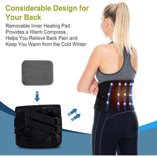 Heating Pad for Back Pain Relief with Adjustable Strap, HONGJING Heated Back Brace Operated by 5000mAh Rechargeable Battery, 3 Heat Levels