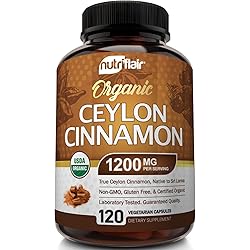 NutriFlair Organic Ceylon Cinnamon 100% Certified Organic Ceylon Cinnamon 1200mg per Serving, 120 Capsules - Joints, Inflammatory, Antioxidant, Glucose Metabolism Support- True Sri Lanka Cinnamon