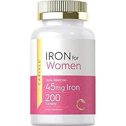 Iron Supplement for Women 45mg | 200 Tablets | Vegetarian, Non-GMO, Gluten Free, Slow Release Pills | by Carlyle