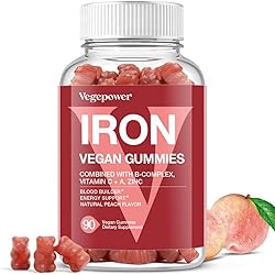 Vegan Iron Gummies Supplement - with Vitamin C, A, B-Complex, Folate, Zinc for Adults & Kids - Blood Builder & Energy Support for Iron Deficiency, Anemia, No After Taste - Peach Flavor 90 Ct