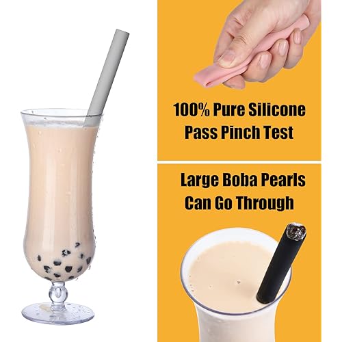 ALINK Reusable Silicone Boba Straws, Extra Large Bubble Tea Smoothie Straws for Popping Tapioca Pearl, Pack of 4 with Cleaning Brush and Case - 10 in x 14 mm - Black, Gray, Green, Pink