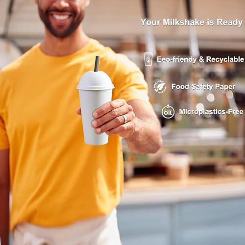 16 oz. - 50 sets] Disposable Paper Cups with Paper Dome Lids, Compostable Non-Plastic Cups Eco Friendly Recyclable Cups with Covers for Iced Coffee