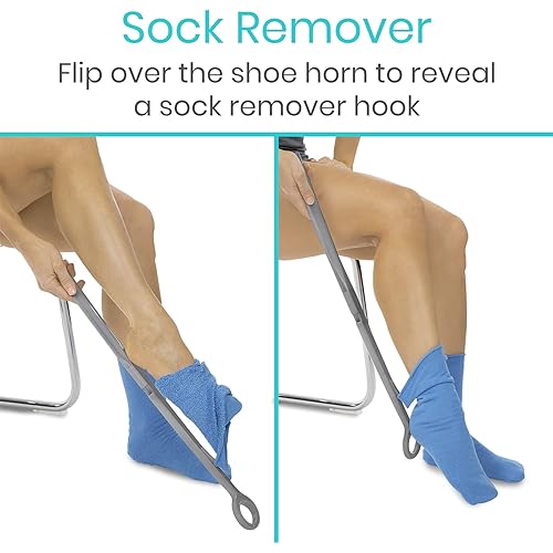 Vive Sock Aid and Shoe Horn Kit - Long Handled Remover for Men, Women, Senior - Adjustable Plastic Reach Assist - Stocking Helper Tool for Elderly, Pregnant, Diabetic - Travel Assistance Device Set