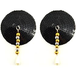 Bijoux de Nip Sequin Round Shaped Nipple Covers with Anodized Beads and Pearl, Black, 2.9 Ounce