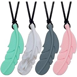 Sensory Chew Necklace for Kids, Boys and Girls, 4 Pack Silicone Feather Chewy Necklaces for Autism, ADHD, Chewing, Oral Motor Chewable Pendant for Mild Chewers