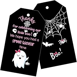 50 Pieces Halloween Thank You Favor Tags Thanks for Celebrating Our Little Boo Gift Tags Spooky Ghost Thank You Tags Baptism Favors for Guests Wedding Baby Shower Birthday Party Supplies Girl Style
