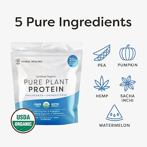 Global Healing Vegan Protein Powder, Organic Protein Powder, Plant Based Protein Powder for Women & Men, 20g of Plant Protein, Meal Replacement for Weight Loss, Unflavored Protein Powder 20 Servings