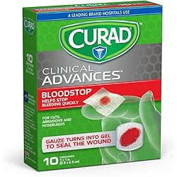 Curad Bloodstop Hemostatic Gauze, Helps Stop Bleeding Quickly, 1" x 1", 10 Count